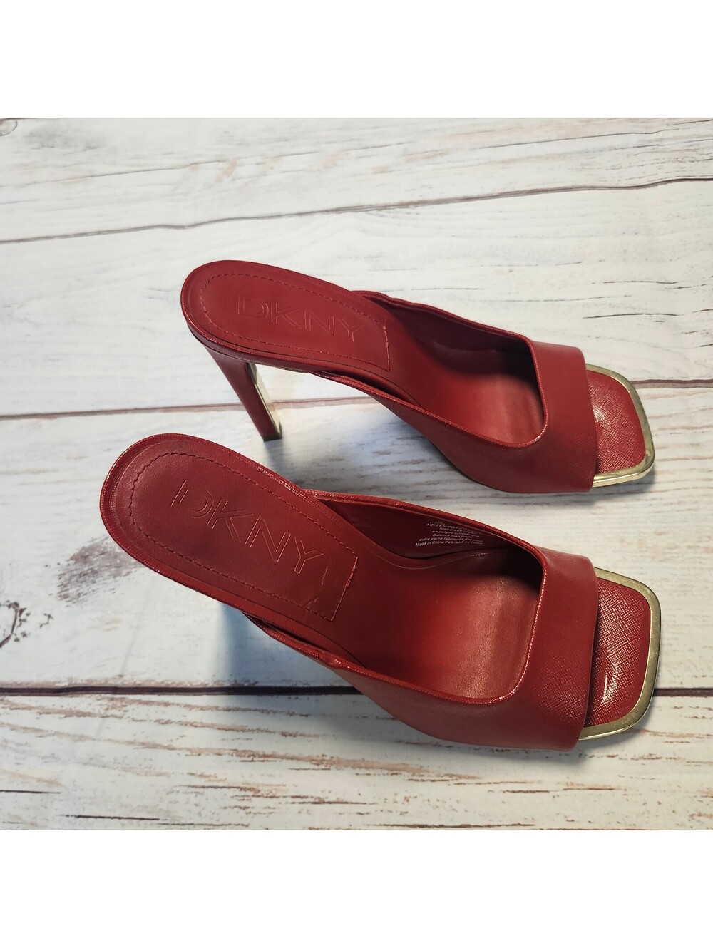DKNY Red High Heel Slide Sandals with Gold Square Toe Accent Size 7.5M